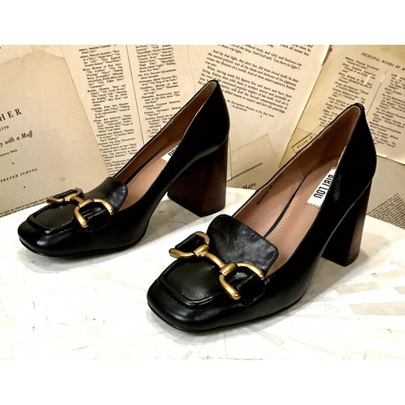 Anthropologie Bibi Lou Zagred Wood Stacked Heel Black Leather - Picture 4 of 11